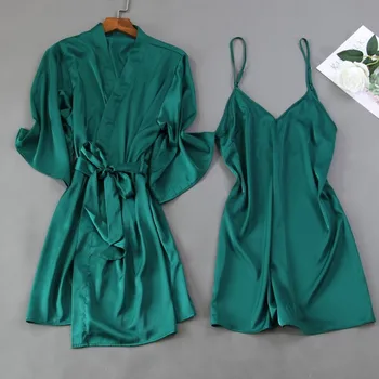 

Women Silky 2PCS Sleepwear Kimono Bathrobe Gown Satin Bride Bridesmaid Wedding Robe Sexy Homewear Nightdress Nighty&Robe Suit