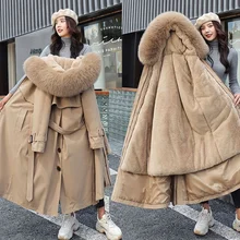 Women's Winter Jacket Hooded X-Long Thick Warm Faux Fur Padded Parkas Woman Wool Liner Distachable Plus Size Jackets Coat