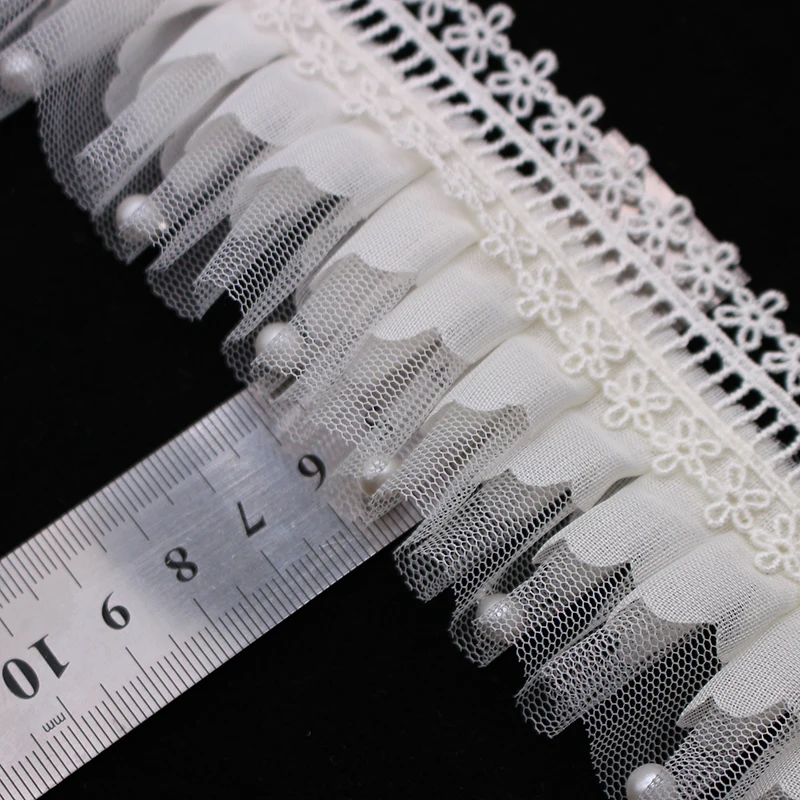 1Y Pearl Beaded White Pleated Organza Embroidered Lace Trim Ribbon Fabric DIY for Costume Gathered Wedding Dress Sewing Craft
