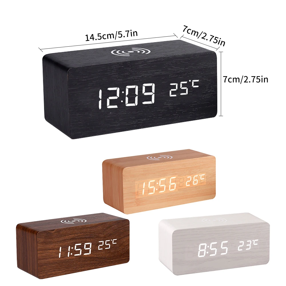 Modern Wooden Wood Digital LED Desk Alarm Clock Thermometer Wireless