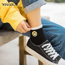 Женские носки в Корейском стиле с вышитым смайликом Новые осенне-зимние хлопковые однотонные женские носки Calcetines Skarpetki