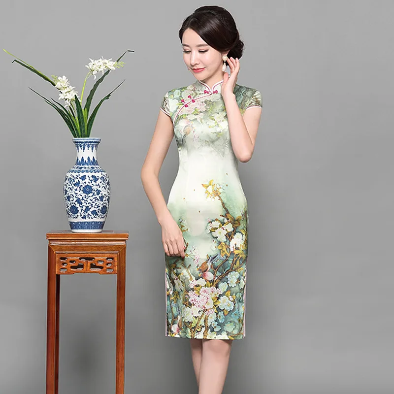 Сексуальное женское платье из натурального шелка Cheongsam винтажное негабаритное 3XL тонкое свадебное платье невесты с цветочным принтом платье Ципао в китайском стиле Vestidos
