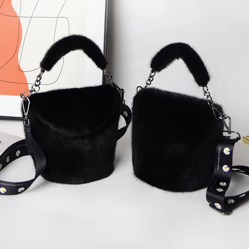

New style mink fur bucket shape envelope bag real fur lady's shoulder handbag fashionable plush bag