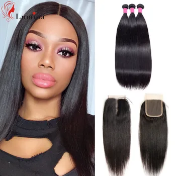 

3 Bundles With Closure Peruvian Straight Hair Remy Human Hair Extensions 4x4 Lace Closure Double Weft Weave Bundles With Closure
