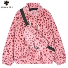 

Aolamegs Winter Lambswool Jackets Men Leopard With Chest Bag Furry Thicken Cotton Coats High Street Hipster Loose Outwear Couple