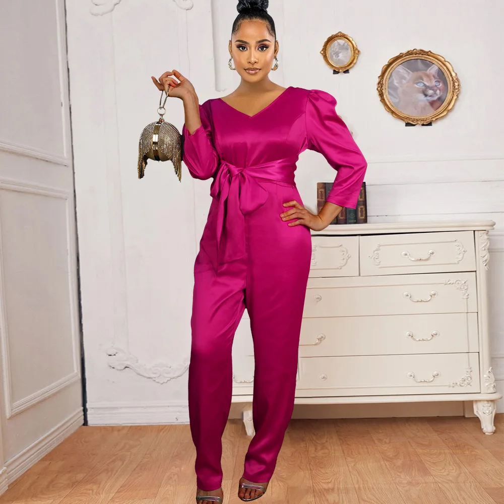 Elegant Work Wear Office Jumpsuit Fashion Women Long Sleeve Jumpsuits V-neck Lace-up High-waist Rose Red Slim-fit Party Rompers