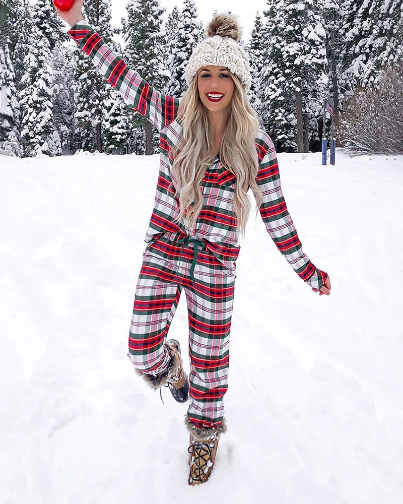 Hirigin Christmas Plaid Womens Pajama Lounge Set In Turn Down Collar Long  Sleeve Top And Pants For Loungewear From Doulaso, $18.9