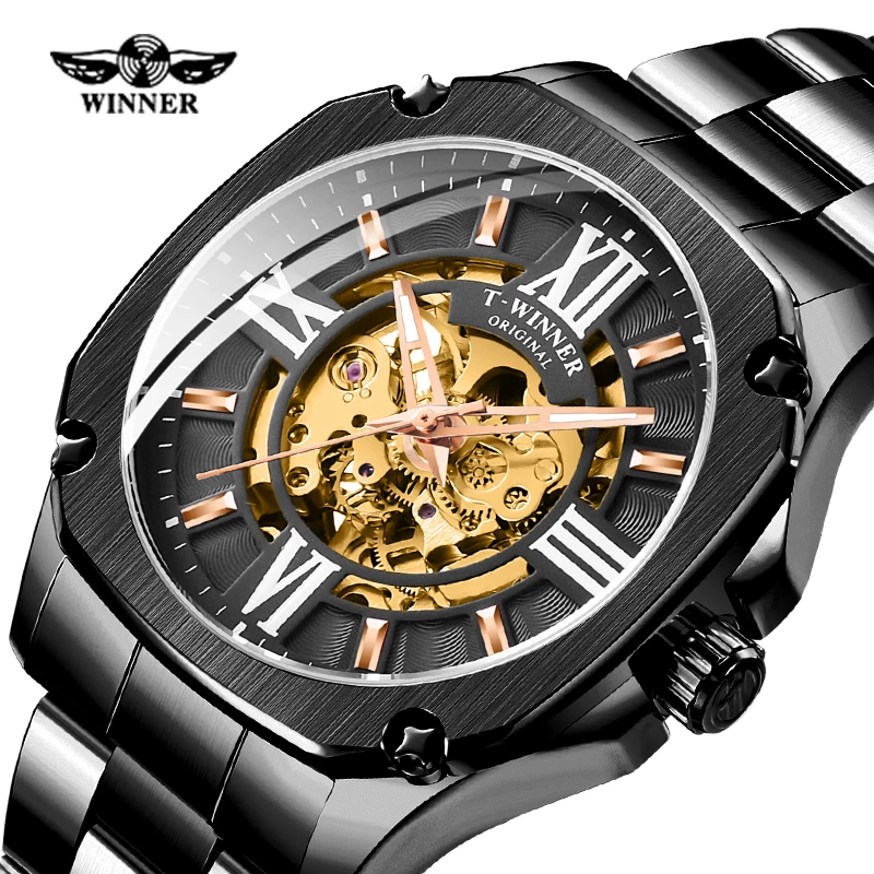 

Top Brand WINNER Men Automatic Watch Black Golden Hollow Skeleton Stainless Steel Watch Male Business Mechanical Clock Dropship