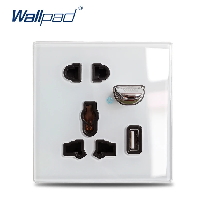 86x86mm White 5 Hole AC Power Outlet & Switch Control & Dual-USB Wall Socket 