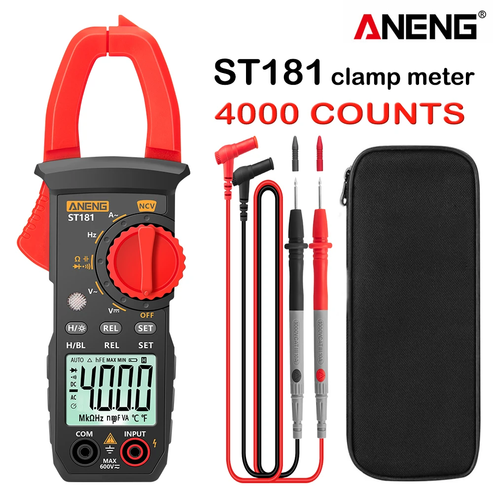 

ANENG ST181 Digital Clamp Meter DC/AC Current 4000 Counts Multimeter Ammeter Voltage Tester Car Amp Hz Capacitance NCV Ohm Test