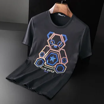 

2020 Summer Men Bear Rhinestones T Shirts Cotton 100% O Neck Short Sleeve Slim Fit Tee Shirt Homme Man Fashion Clothing Size 3XL