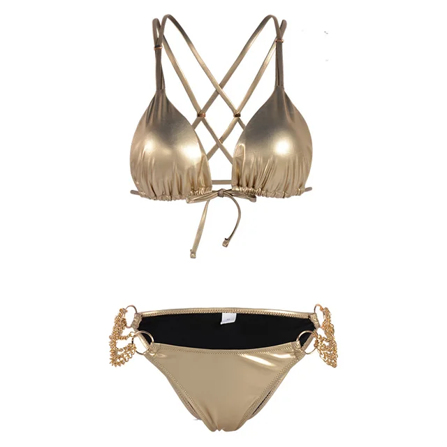 Shinny Solid Color Glitter Bikini with Gold Side Chains 6