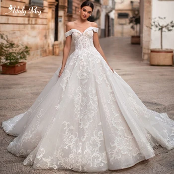

Adoly Mey New Arrival Luxury Court Train Appliques A-Line Wedding Dresses 2020 Romantic Boat Neck Lace Up Vintage Bridal Gowns