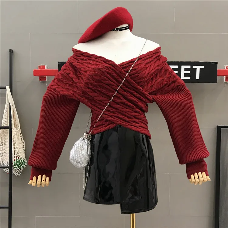 ALPHALMODA, осень, стильный витой пуловер, свитера, Перекрещенные над v-образным вырезом, рукав летучая мышь, тонкий женский модный джемпер