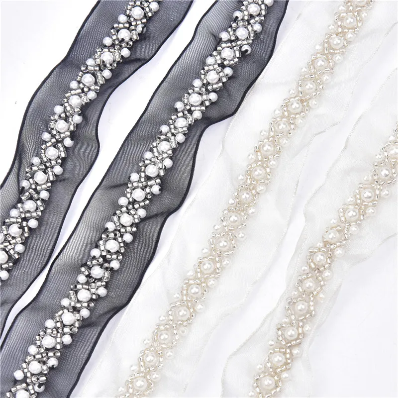 

2yard/lot White Craft Beaded Fake pearls lace Trim ribbon costume applique sewing on garment banding