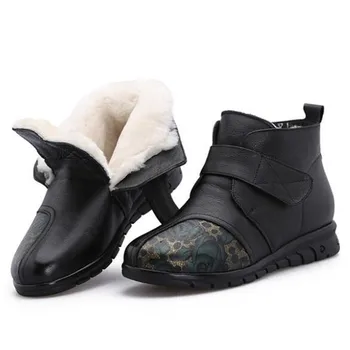 

Winter Printing Genuine Leather Wool Boots Middle-aged Women Shoes Flat Boots Non-slip Comfort Soft Warm Snow Boots Women Boots
