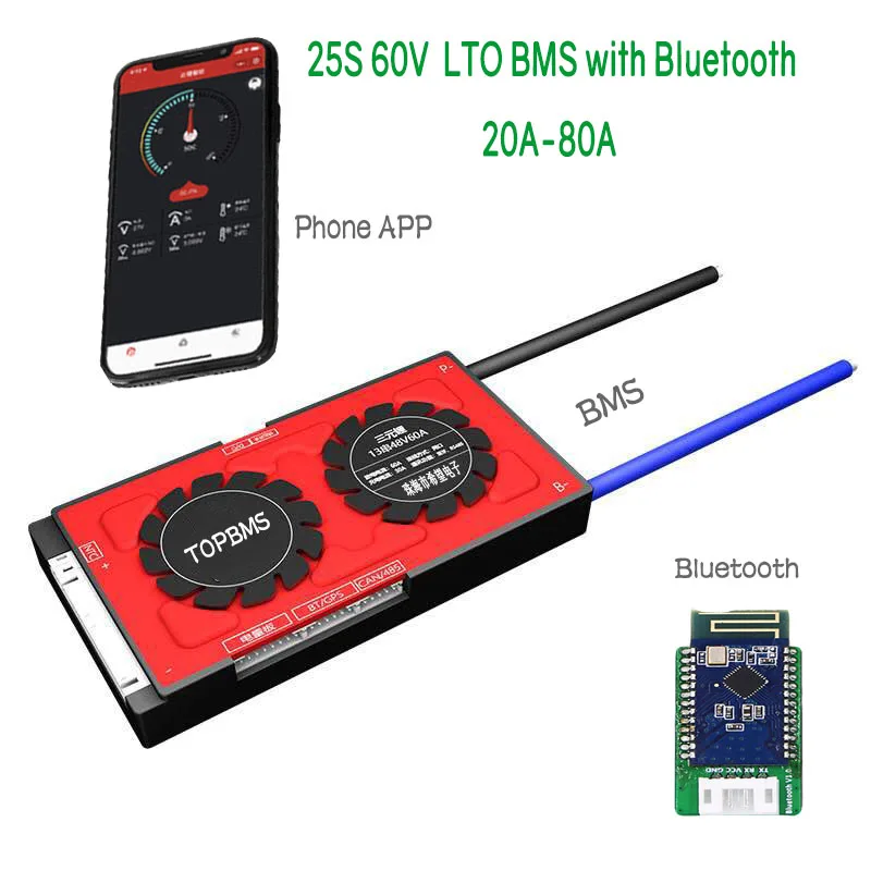 

25S 60V LTO BMS 20A80A with Bluetooth phone APP RS485 CANbus NTC UART GPS for LTO Batteries 2.3V 2.4V connected in 25 series