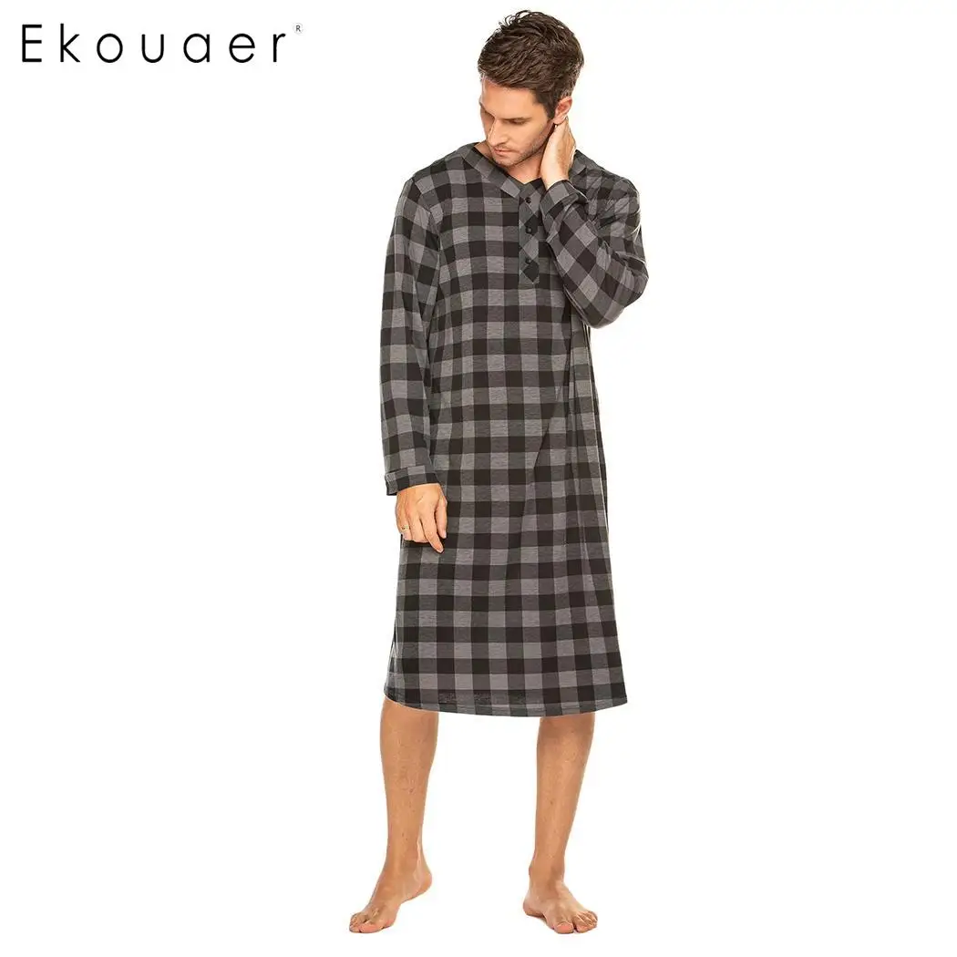 Ekouaer Мужская Ночная рубашка осенняя одежда для сна с Длинным Рукавом Легкая рубашка для сна длинная ночная рубашка мужская домашняя одежда