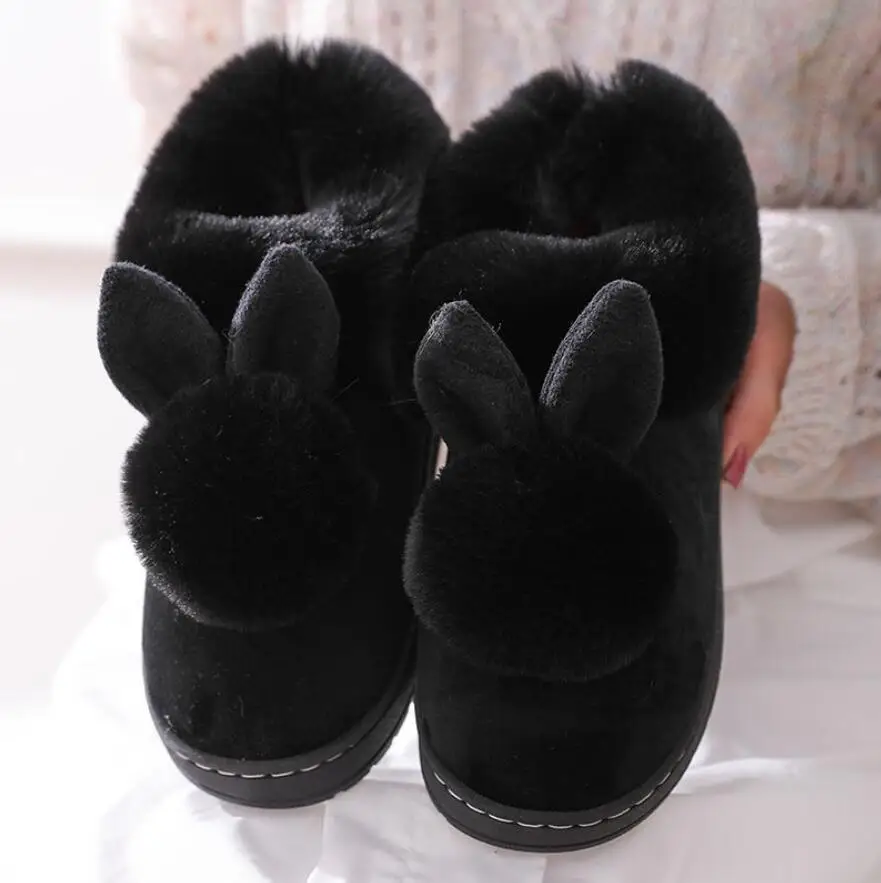 Сезон осень-зима; хлопковые тапочки с мехом кролика; домашняя теплая хлопковая обувь на толстой подошве; женские тапочки; милые пушистые тапочки с котом - Цвет: Black