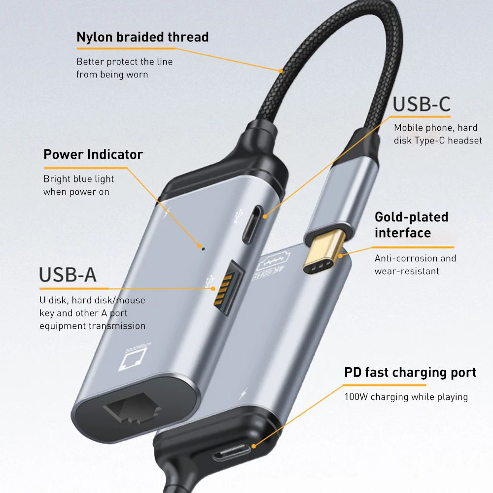 Кабель-преобразователь USB Type-C в HDMI-совместимый/VGA/DP / Mini DP/Rj45 4K 60 Гц адаптер для MacBook
