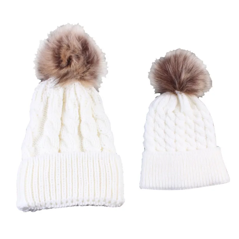 2 шт., зимние теплые шляпы детские для девочки и мальчика, шапки для женщин и мам, теплые зимние вязаные меховые шапки с помпоном