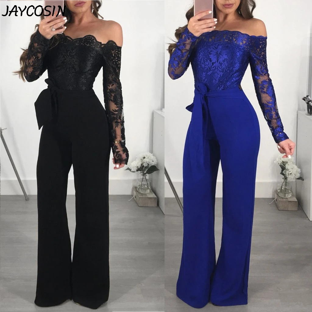 JAYCOSIN женский комбинезон, однотонный, кружевной, с открытыми плечами, сексуальный, модный, с длинным рукавом, Дамский, на шнуровке, комбинезоны, комбинезон с широкими штанинами, n28