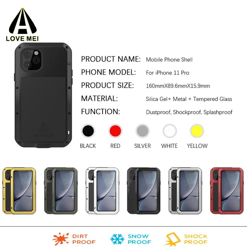 Водонепроницаемый чехол для iPhone 11 pro LOVE MEI металлический противоударный чехол Gorilla glass экранная пленка для iPhone 11pro XI крышка 5,8"