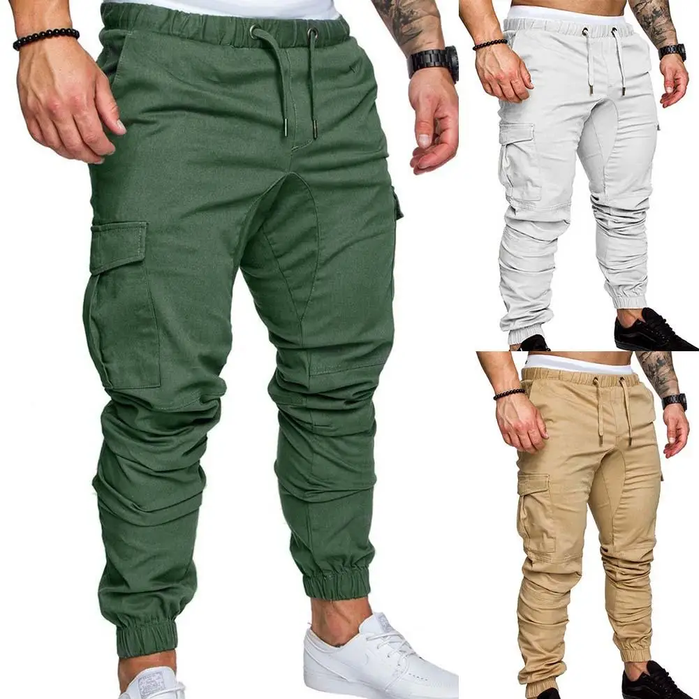 

Plus Size Men Solid Color Multi Pocket Drawstring Ankle Tie Cargo Pants Trousers