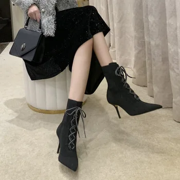

2020 Women's Autumn Model Mid Boots Pointed Knit Elastic Boots High Heels Wild Sexy Net Red Fine Heels