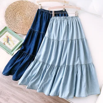 

Denim Skirts Womens Washed Cotton Solid A-Line Thin Skirt 2020 New Summer Leisure Patchwork Midi Skirt Jupe Femme