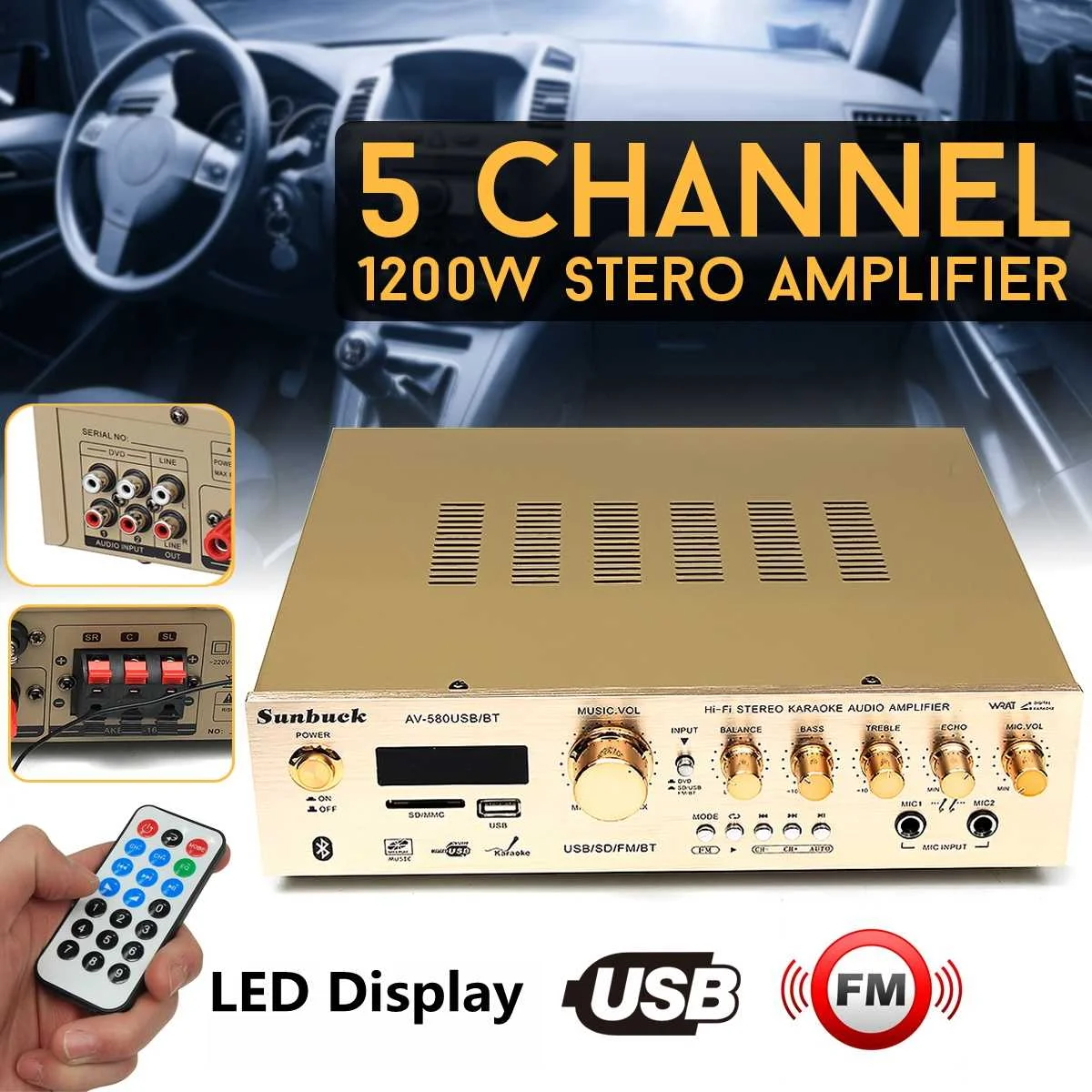 

1200W 580BT 5CH 220V Stereo Amplifier Sound Mode Audio Music Booster Card Remote Control Built-in bluetooth Amplifier For home