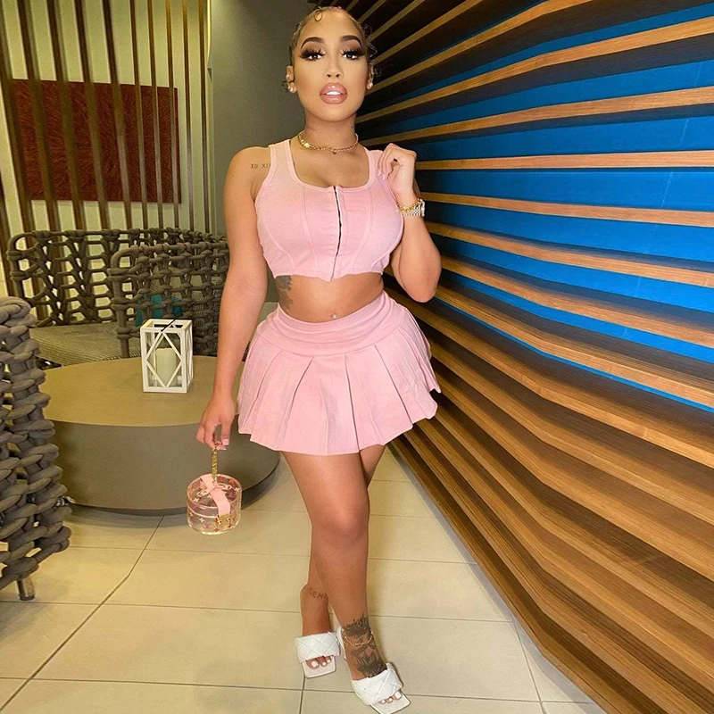 

Однотонное платье без рукавов на молнии укороченный топ и плиссированные мини-юбки, комплект из 2 предметов, милые школьные для девочек спортивный костюм, летний наряд