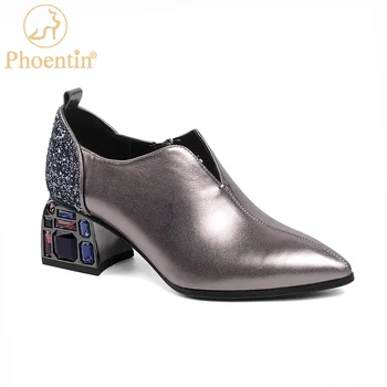 

Phoentin real leather woman pumps pointy bling crystal heels zip closure shoes women mid heel shoes patchwork plus size FT1043
