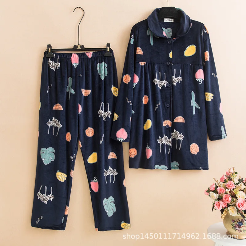 Большой размер, свободный женский пижамный комплект, зимняя мягкая бархатная Длинная женская пижама, Корейская пижама с длинным рукавом и отложным воротником, домашняя одежда для сна