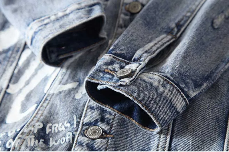 KIOVNO Men Ripped Punk Denim Jackets Coats Printed Distressed Jeans Jackets Outwear Male Streetwear Clothing  (3)