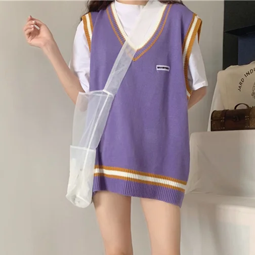 

2020 Autumn Korean Style Stripe Patchwork Casual Loose V Neck Knit Sweater Vest Waistcoat Top Women Sleeveless Pullover