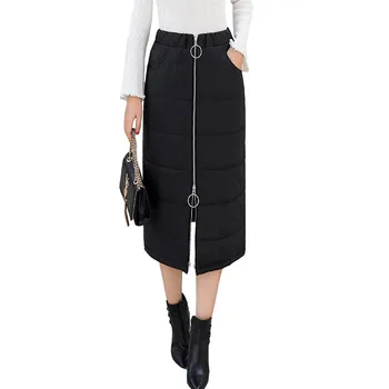 

Medium-Length Skirts Down Cotton A- line Skirts Plus Size Thick Midi Solid Zipper Women Skirt Down Straight Black Clothes 818G