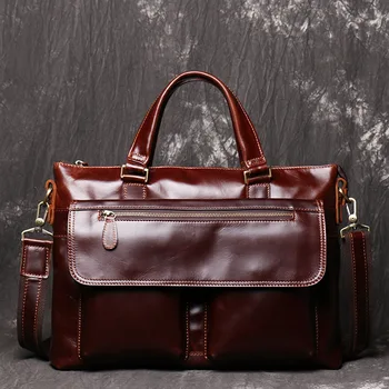 

Vintage Genuine Leather Briefcase Bag Oil Waxy Leather Business Laptop Bag Document Case Messenger Bags Document Case Male Totes