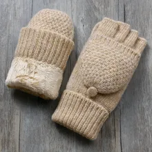 Женские перчатки без пальцев, зимние, вязаные, шерстяные, плюс бархат, уплотненные, теплые, варежки, новые, женские, флип, перчатки на пол пальца