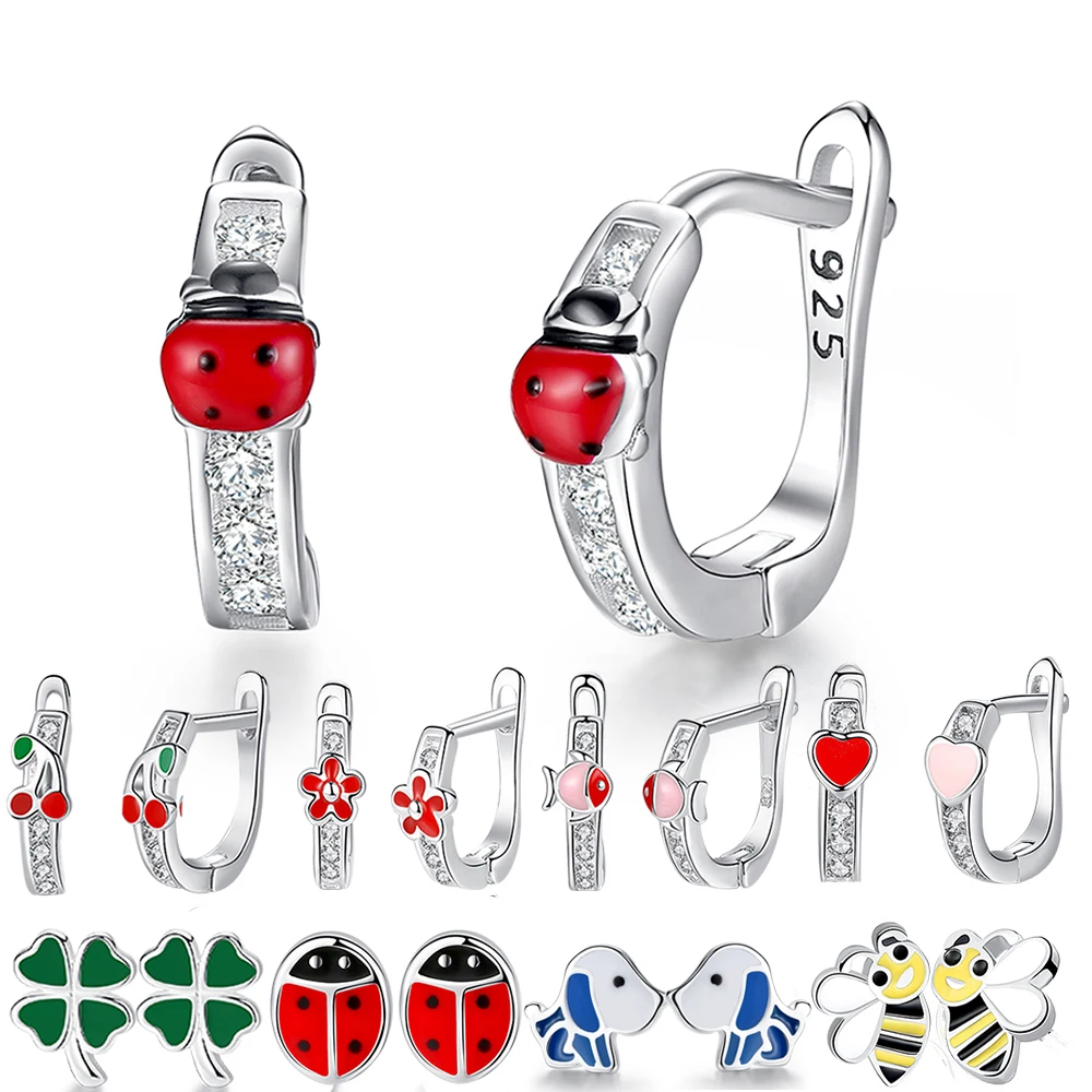 Christmas 925 Sterling Silver Enamel Clover Ladybug Bee Stud Earrings for Women Girls Children Kids Fashion Jewelry Bijoux Gift | Украшения