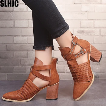 

SLHJC Spring Autumn Leather Boots Women High Heel Pointed Toe Hollow Out Pumps Boot Short Ankle PLus Size Female Plus Size Shoes