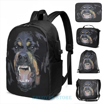 

Funny Graphic print Rottweiler USB Charge Backpack men School bags Women bag Travel laptop bag