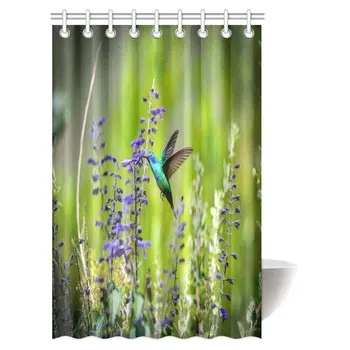 

Beautiful Hummingbirds Decor Shower Curtain, Green Violet Eared Hummingbird Fabric Bathroom Shower Curtain Set with Hooks,