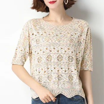 

Summer Ladies Hollow Short Sleeve Round Neck Knitted T-shirt