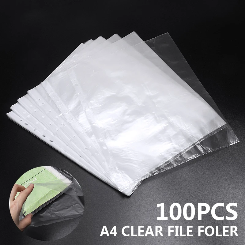 

100Pcs/Set A4 Clear Folder 11 Holes Loose Leaf Transparent Paper Storage Bag Documents Sheet Protector Organizer Documents Files