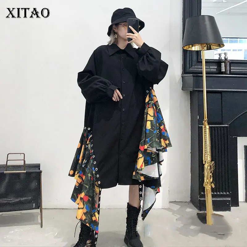 XITAO асимметричное платье большого размера женское корейское Модное Новое лоскутное платье с отложным воротником и рукавами-фонариками Элегантное повседневное платье GCC1530