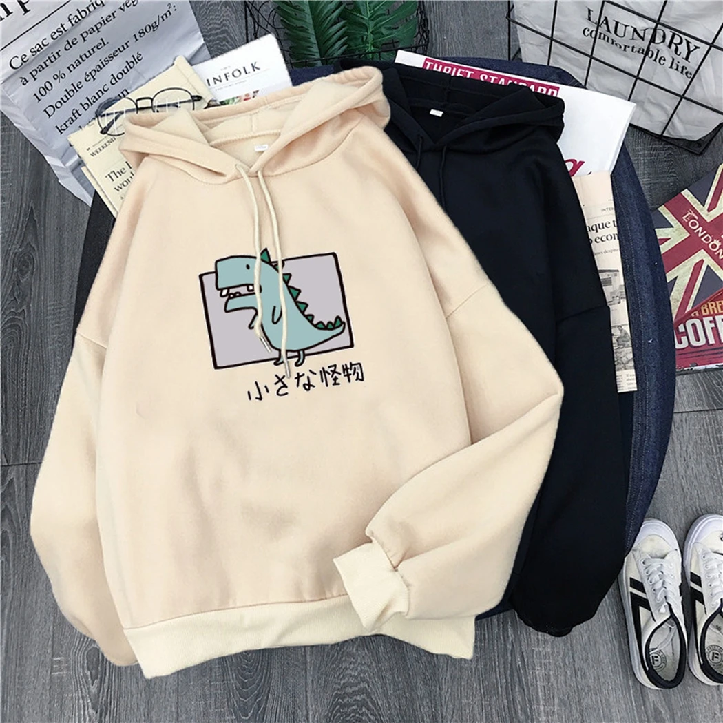 

Women Casual Loose Fleece Hoodies Cartoon Dinosaur Print Pullover Tops Spring Harajuku Hooded Sweatshirt Student Cute Hoodie