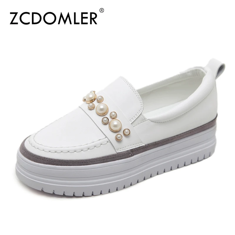 

ZCDOMLER 2019 Fashion Women's White Casual Flats Shoes Slip On Flat Platform Shoes Pearl Women Creepers Loafers Luxury Moccasins