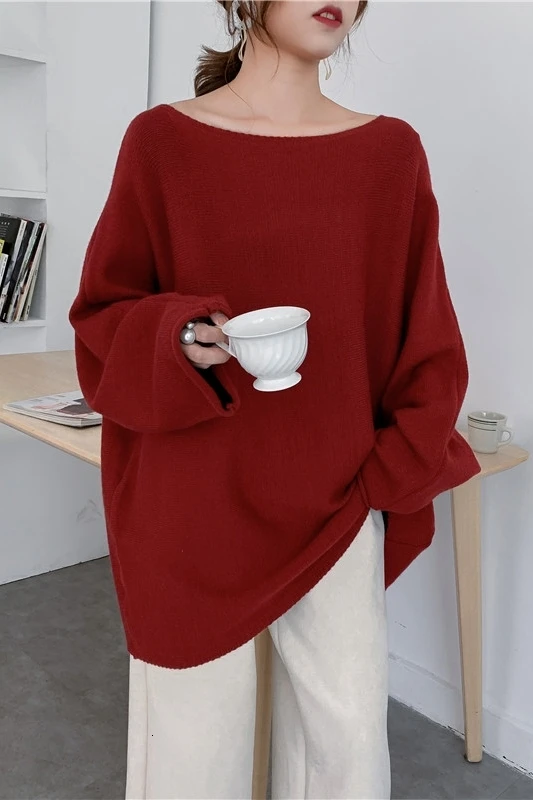 LANMREM осень и зима модный однотонный свитер с круглым вырезом свободный длинный рукав длинный вязаный женский свитер PB610