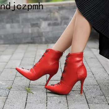 

Ankle Boots Spring and Autumn Color Matching New Fashion Pointed Lace Up Fine Heel High Heel Short Tube Women's Shoes Size 34-47